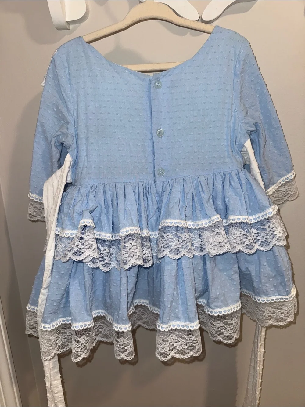 Light Blue Lace Tiered Dress with White Bows